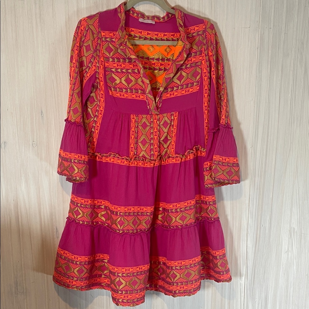LACE THE LABEL EMBROIDERED MINI BELL SLEEVE DRESS SMALL